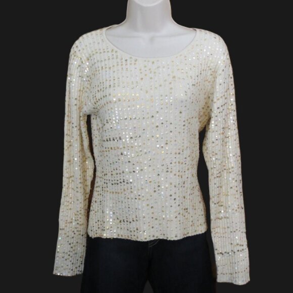Marisa Christina Cream Sweater All Over Gold Sequins Long Sleeve Size Large - Picture 1 of 10